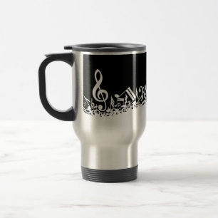 Caneca Térmica Notas musicais misturadas brancas no preto