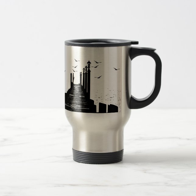 Caneca Térmica o píer dos gráficos do mar das gaivotas (Direita)