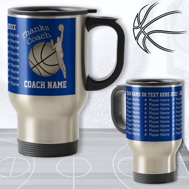 Caneca Térmica O treinador de basquetebol dá presentes PERSONALIZ (Personalized Basketball gifts for coaches, players names. Gifts for Basketball Coach. Blue Silver.)