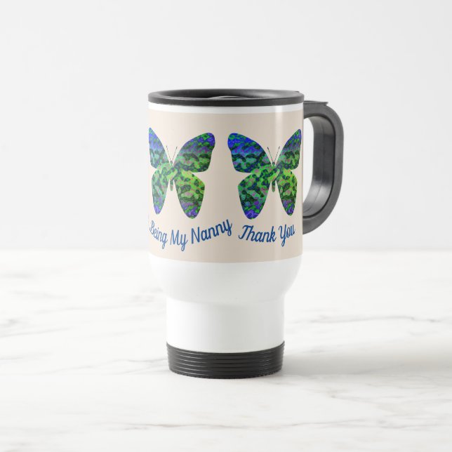 Caneca Térmica Obrigado Nanny Borboleta Verde Azul Babysitter (Frente Esquerda)