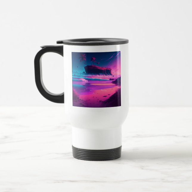 Caneca Térmica Oceano Rosa e Palmeiras Arte Digital  (Esquerda)