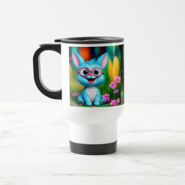 Caneca Térmica Óculos de Visto de coelhinhos azuis sorridentes e  (Esquerda)