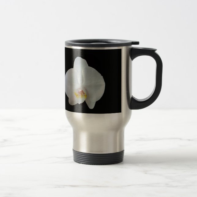 Caneca Térmica Orquídea branca contra fundo preto (Direita)