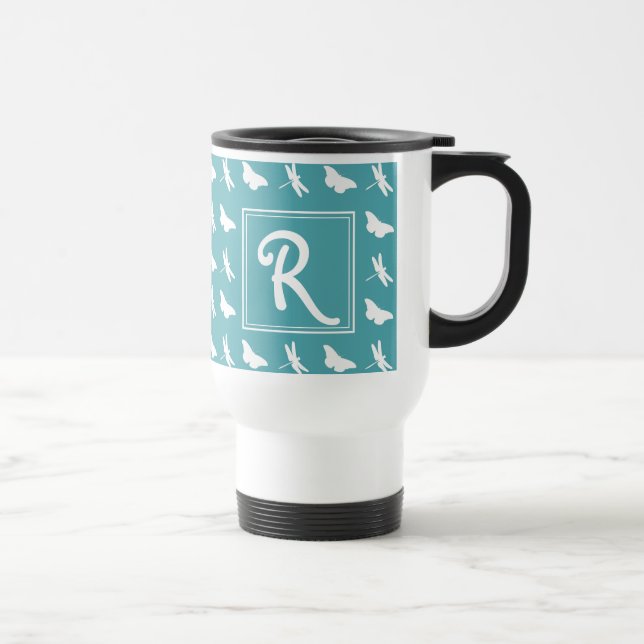 Caneca Térmica Padrão de Borboleta Azul-Verde e Libélula (Direita)
