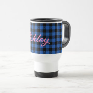 Caneca Térmica Padrão de Buffalo Checkered Azul Preto Personali