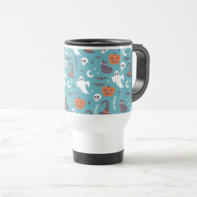 Caneca Térmica Padrão de Dia das Bruxas de Teal Divertido (Frente Esquerda)