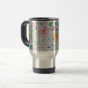 Caneca Térmica Padrão de Flores e Botões de Aquarela Leve e Bonit