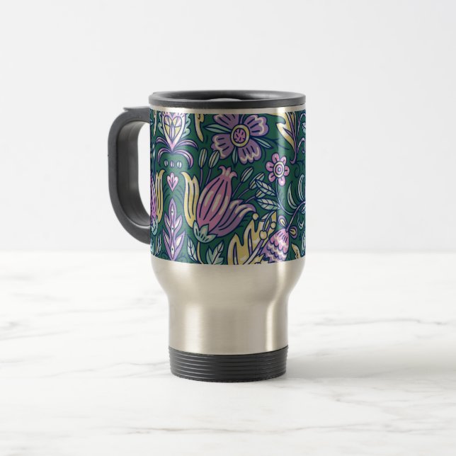 Caneca Térmica Padrão de Flores e Pássaros em Estilo Antigo (Frente Esquerda)