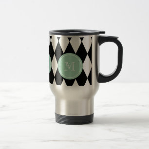 Caneca Térmica Padrão de Harlequin Branco Preto, Monograma Verde