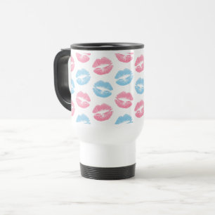 Caneca Térmica Padrão de Lábios Azul e Rosa, Batom, Beijo