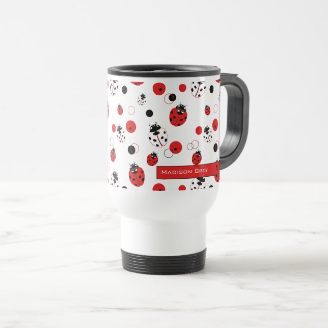 Caneca Térmica Padrão de Ladybug vermelho, preto e branco simples (Frente Esquerda)