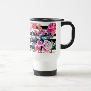 Caneca Térmica Padrão de primavera floral e listras de cor d'ág