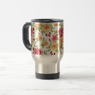 Caneca Térmica Padrão de Rosas e Botões de Rosa Vermelhos e Amare