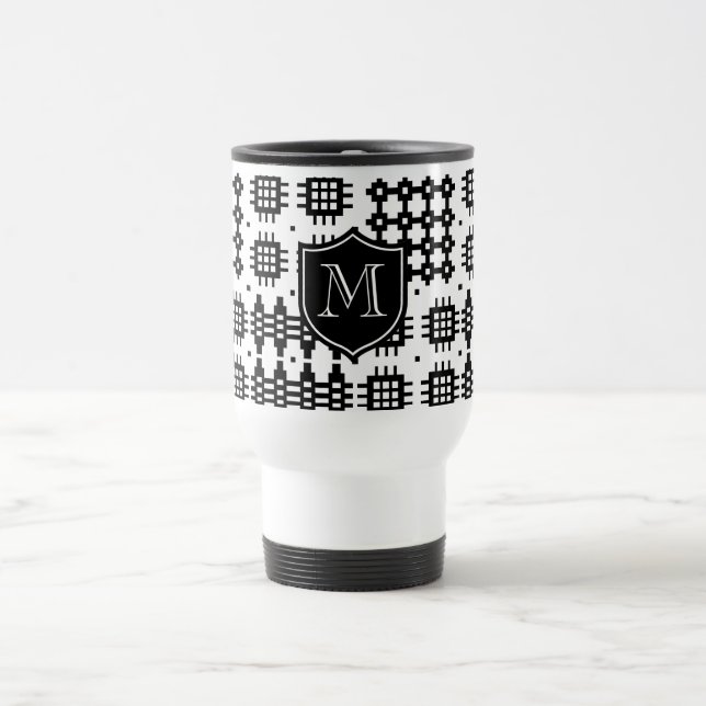 Caneca Térmica Padrão de tapeçaria do Galês Faux Monograma Preto, (Centro)