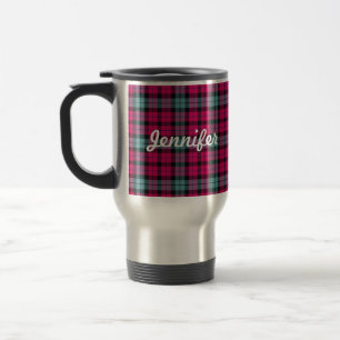 Caneca Térmica Padrão de Xadrez de Tartan Azul-Rosa-Quente