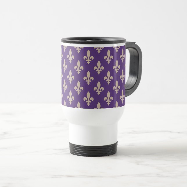 Caneca Térmica Padrão Flor de Lis, Creme Real Francês no Roxo (Frente Esquerda)