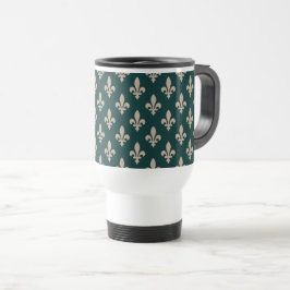 Caneca Térmica Padrão Flor de Lis, Creme Real Francês sobre Verde