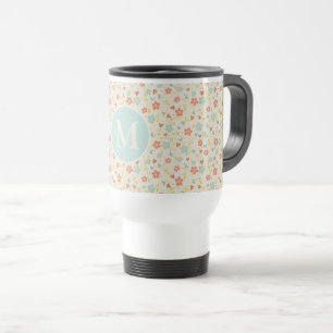 Caneca Térmica Padrão Floral de Primavera Bonito Pastel Monograma