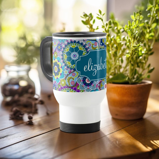 Caneca Térmica Padrão Floral Funky com Nome Personalizado (Personalized travel mug - add photos and text or customize completely)