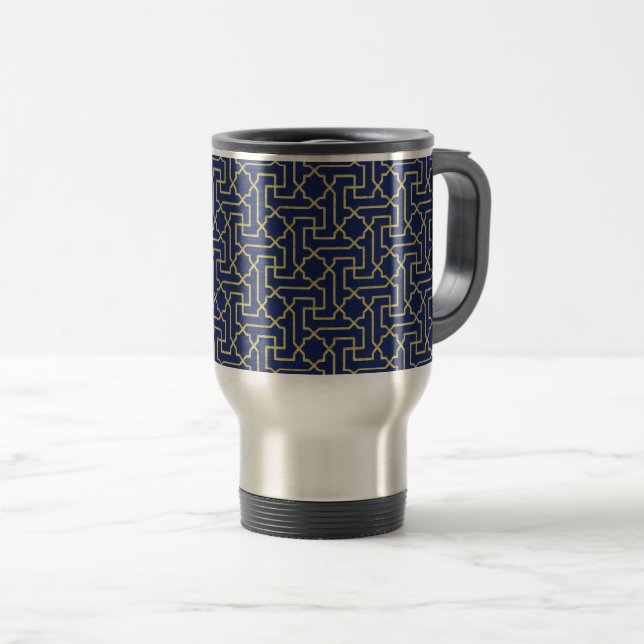 Caneca Térmica Padrão Mosaico Dourado do marinho Azul e Faux (Frente Esquerda)