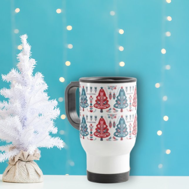 Caneca Térmica Padrão Nórdico da Árvore de Natal Vermelha e Azul (Criador carregado)