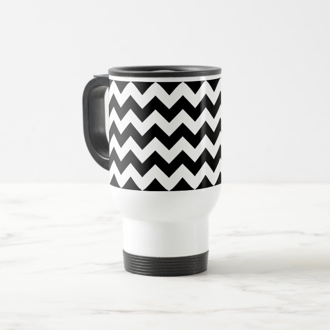 Caneca Térmica Padrão Zigzag preto e branco, padrão Chevron (Frente Esquerda)
