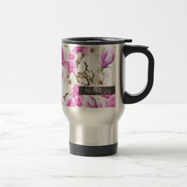 Caneca Térmica Padrões de Aquarela Rosa e Branca Magnolia Flores (Direita)