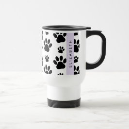 Caneca Térmica Padrões de pata, patas de cão, preto e branco, seu