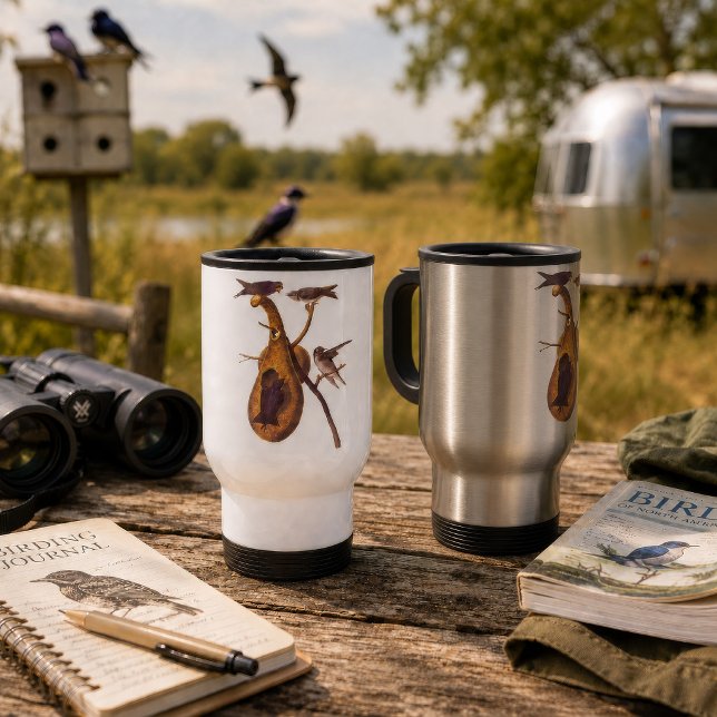 Caneca Térmica Pássaro Andorinhão-Roxo Vintage Audubon (TVintage Audubon Purple Martin travel mugs for birdwatchers, campers, and nature lovers.)