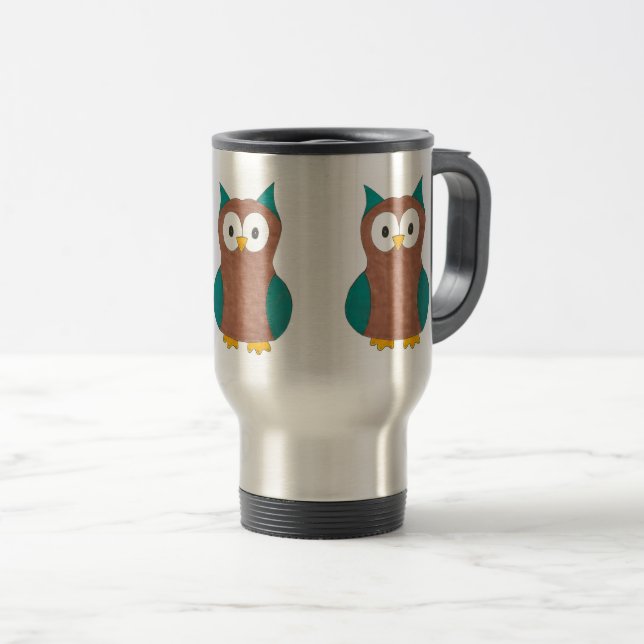 Caneca Térmica Pássaro Marrom Azul, Coruja, Olhos de Cartoon (Frente Esquerda)