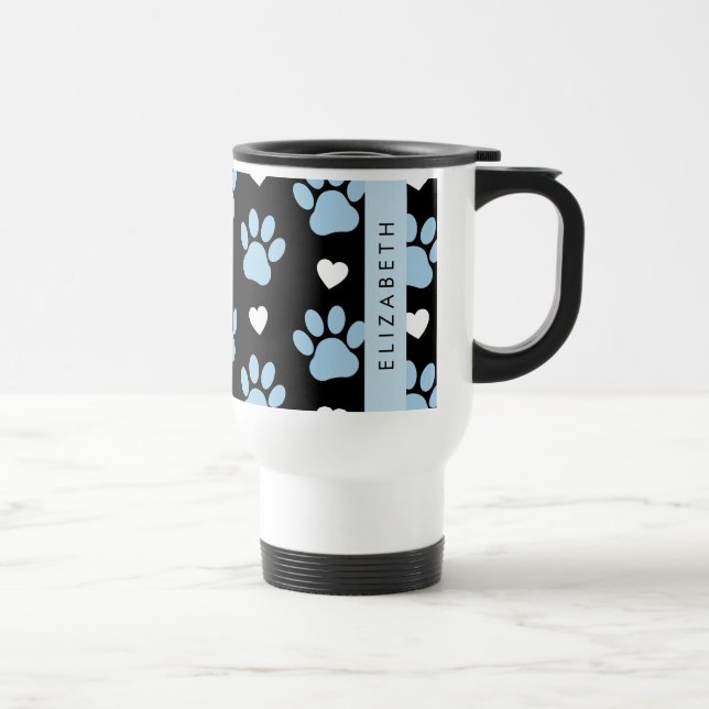 Caneca Térmica Patas-Cães, Patas Azuis, Corações Brancos, Seu Nom (Direita)