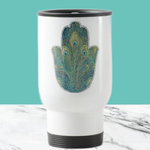 Caneca Térmica Pena de Pavão Hamsa Judaica Boho