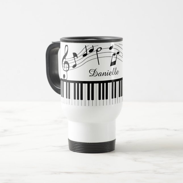 Caneca Térmica Piano Music Notes Script Nome Preto (Frente Esquerda)