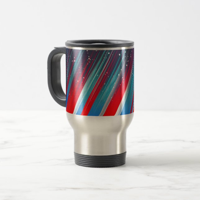 Caneca Térmica Pinceladas Frias Abstratas Vermelhas Brancas e Azu (Frente Esquerda)
