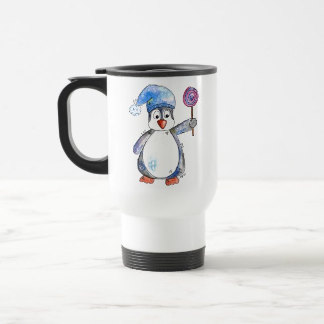 Caneca Térmica Pinguim branco bonito com um pirulito (Esquerda)