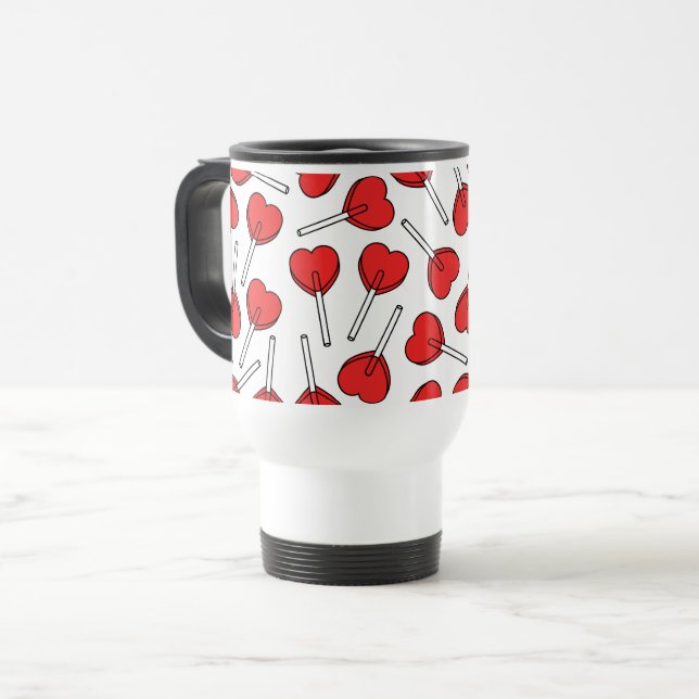 Caneca Térmica Pirulitos Vermelhos, Pirulitos em Forma de Coração (Frente Esquerda)
