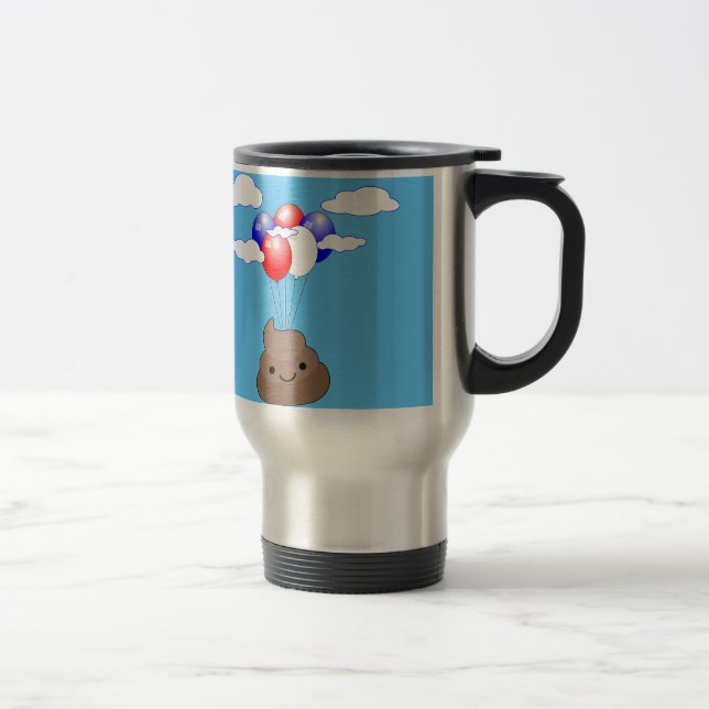 Caneca Térmica Poo Emoji Voando Com Balões No Céu Azul (Direita)