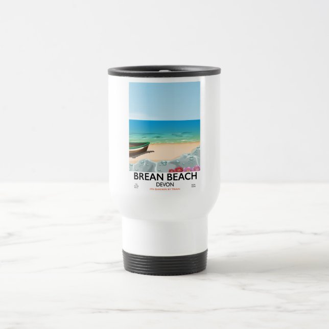 Caneca Térmica Praia Brean Devon pôster de viagem vintage (Centro)