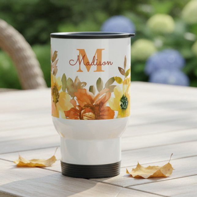 Caneca Térmica Presente de Monograma Floral Laranja com Nome (Criador carregado)