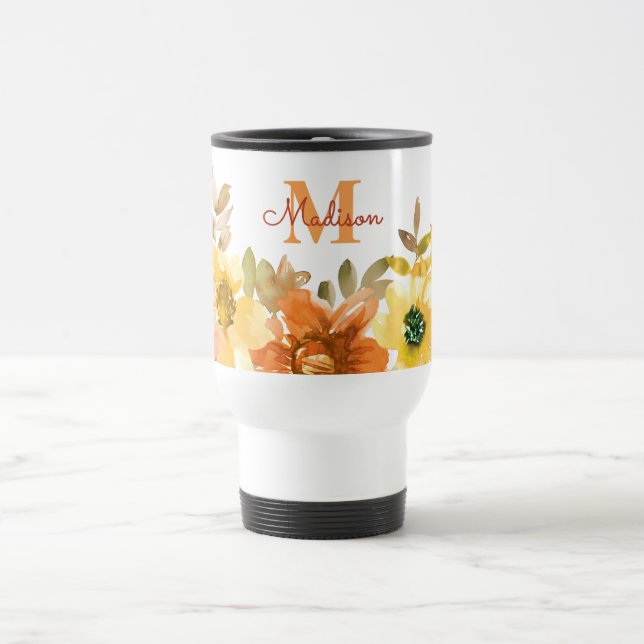 Caneca Térmica Presente de Monograma Floral Laranja com Nome (Centro)