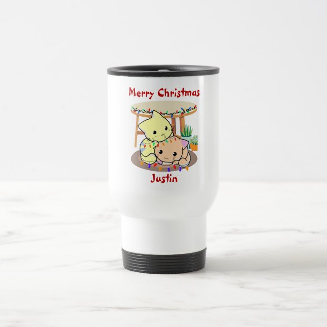 Caneca Térmica presente de natal de gatos, nome personalizado (Centro)