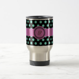 Caneca Térmica Preto verde cor-de-rosa do polkadot do monograma