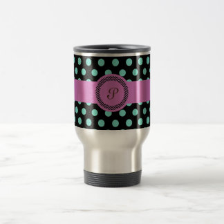 Caneca Térmica Preto verde cor-de-rosa do polkadot do monograma