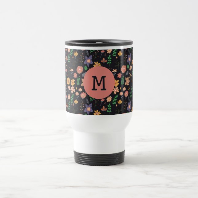 Caneca Térmica Pretty Modern Dark Floral Pattern Monogram (Centro)
