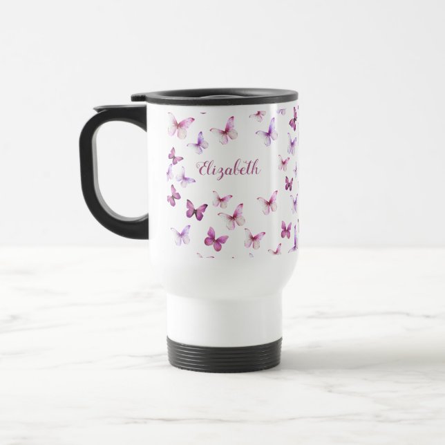 Caneca Térmica Pretty Pink Butterflies Custom Name (Esquerda)