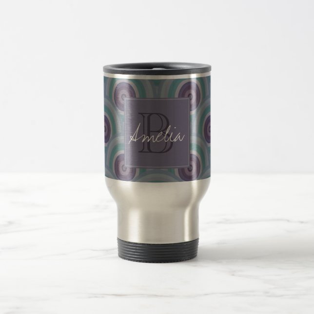 Caneca Térmica Purple and Green Retro Circles Pattern Monogram (Centro)