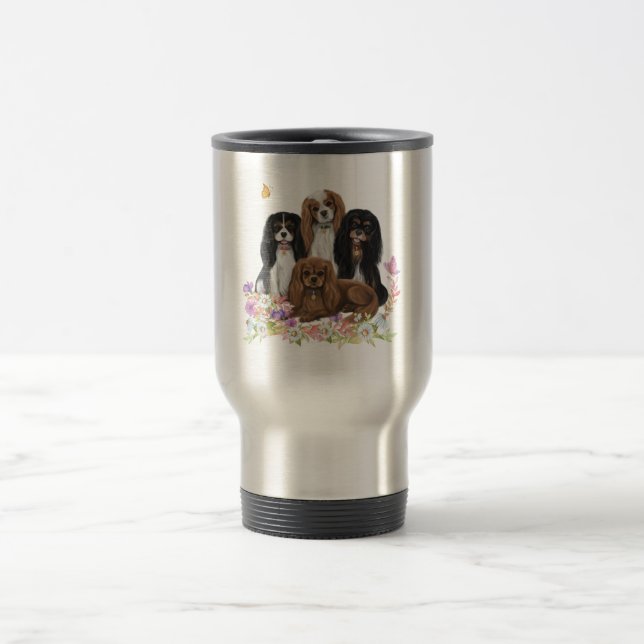 Caneca Térmica Quatro Cavaleiros Rei Charles Spaniels em Flores   (Centro)