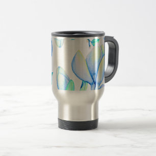 Caneca Térmica Ramo de Magnólia em Aquarela Azul Verde Botânico
