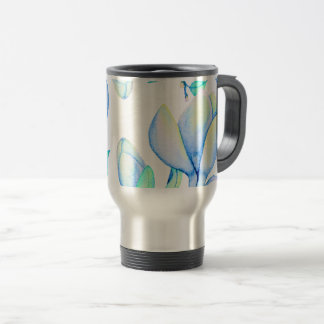 Caneca Térmica Ramo de Magnólia em Aquarela Azul Verde Botânico