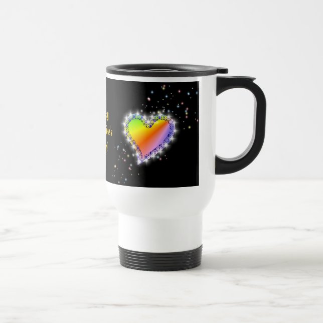 Caneca Térmica Regenbogen-Herz mit Sternchen auf schwarz (Direita)
